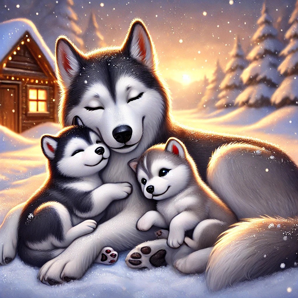 Kuschelmoment der Husky-Familie